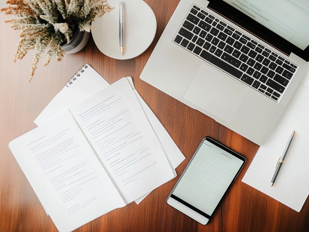 Vue de dessus d’un bureau avec un ordinateur portable, un smartphone, des documents imprimés et un carnet, illustrant les différents formats de supports de formation.