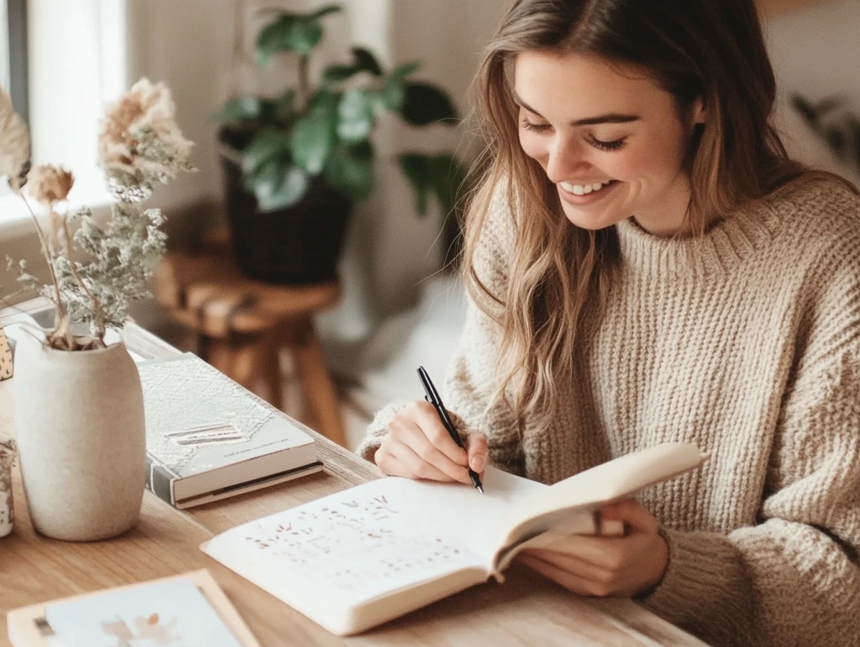 Femme souriante prenant des notes dans un joli carnet illustré, symbolisant l’engagement et la compréhension grâce à un support de formation bien conçu.