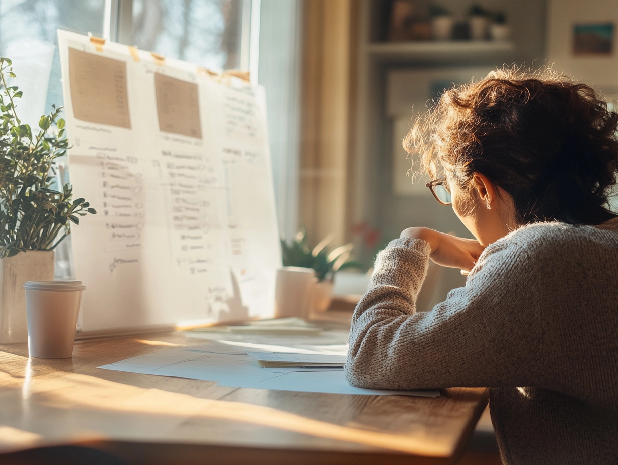 Entrepreneuse travaillant sur un wireframe de site web dans un environnement calme et lumineux