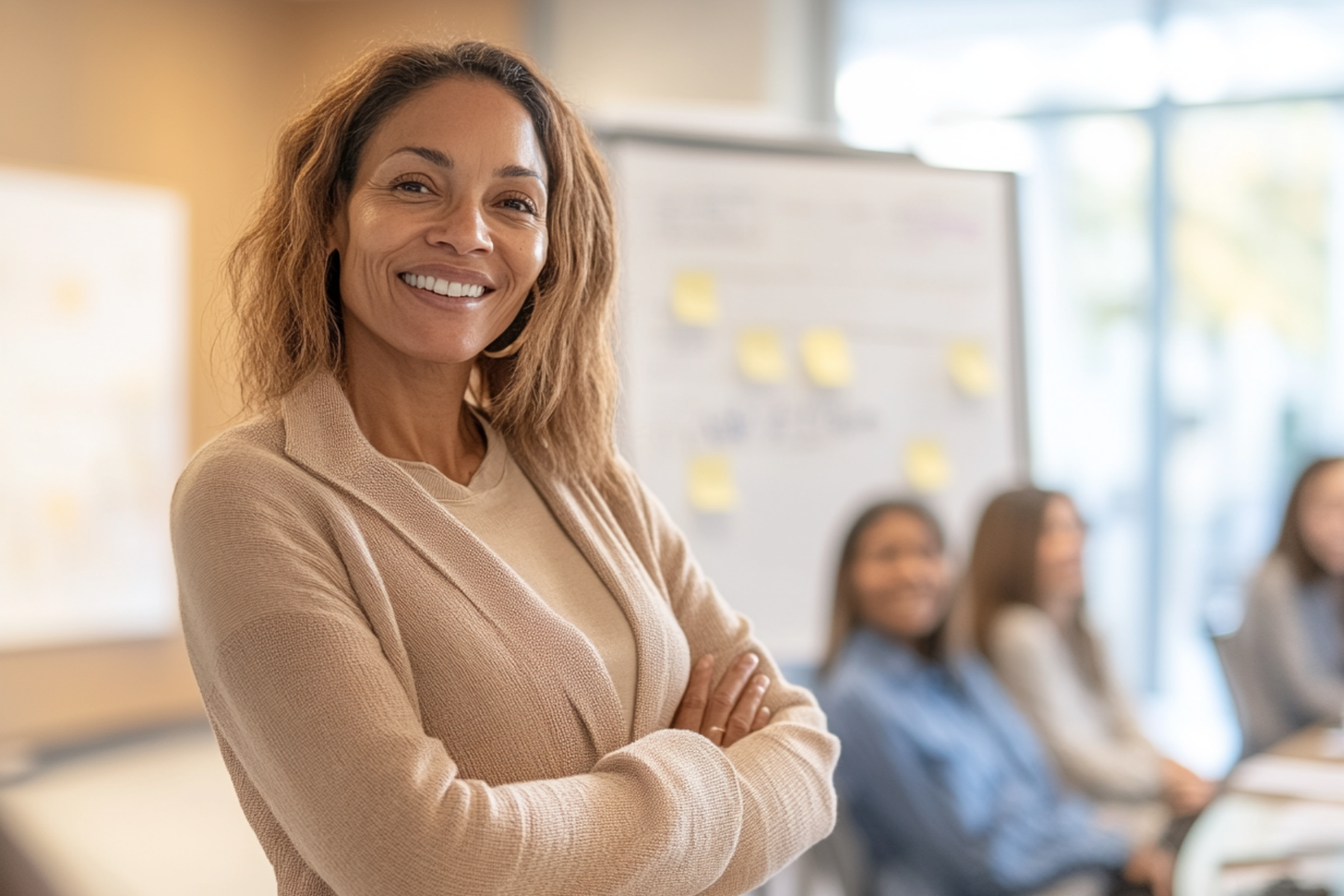 Une formatrice debout devant un paperboard, souriante, entourée de participantes dans un cadre lumineux, illustrant l'engagement actif en formation.