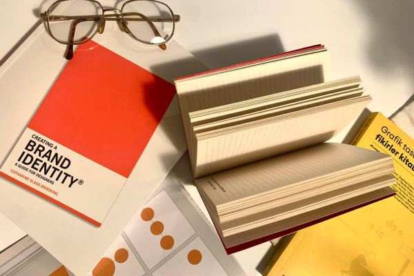 Bureau avec carnet de brand identity, moodboard graphique, carnets ouverts et lunettes.