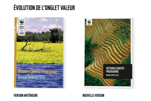 Exemple de refonte visuelle d’un rapport WWF entre 2015 et 2019, avec un style cohérent et épuré.