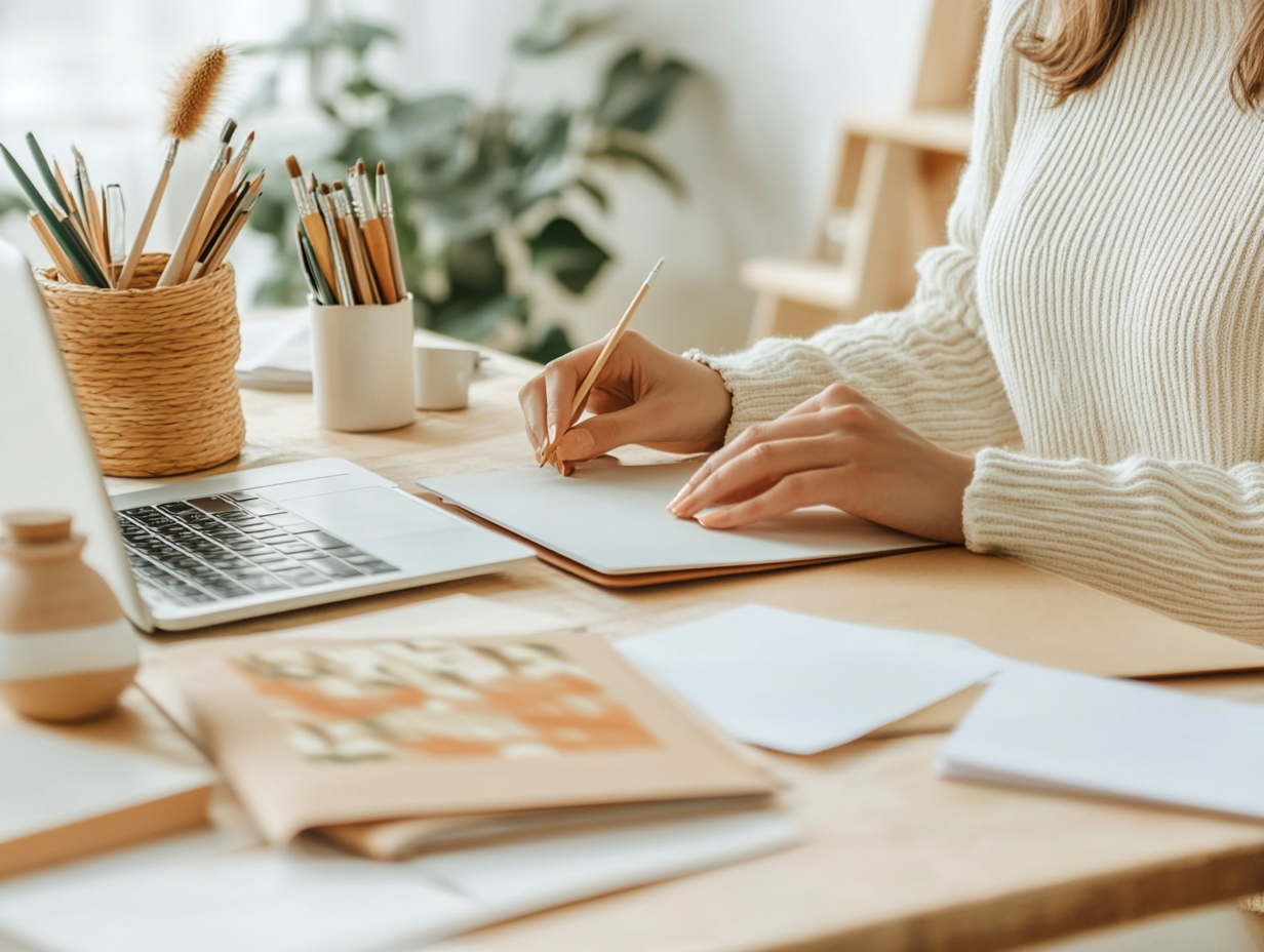 Femme créative écrivant dans un carnet sur un bureau organisé, en train de créer son brand book avec ordinateur, papiers et outils visuels.