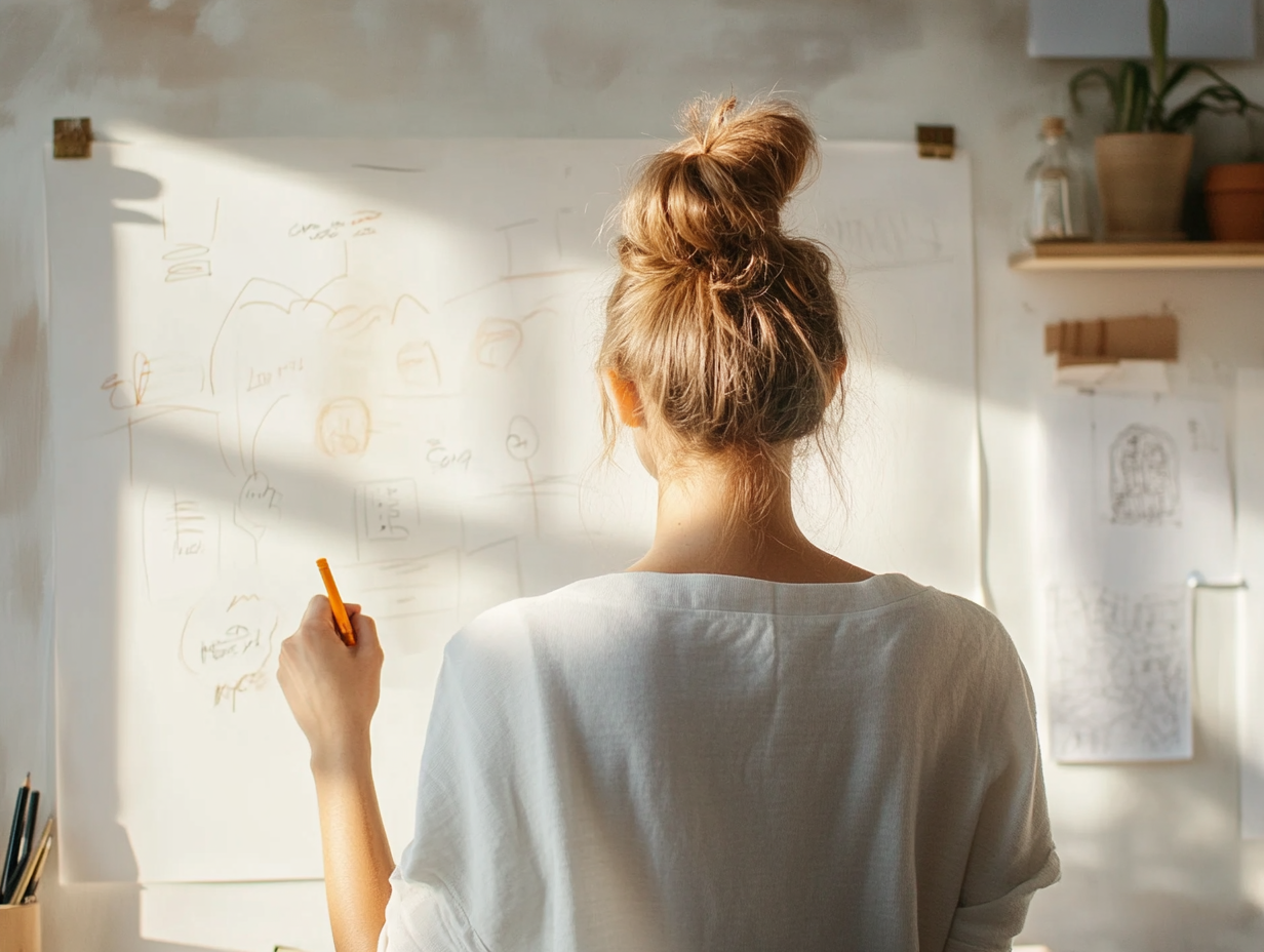 Femme de dos dessinant une carte mentale sur un tableau pour structurer une formation pédagogique